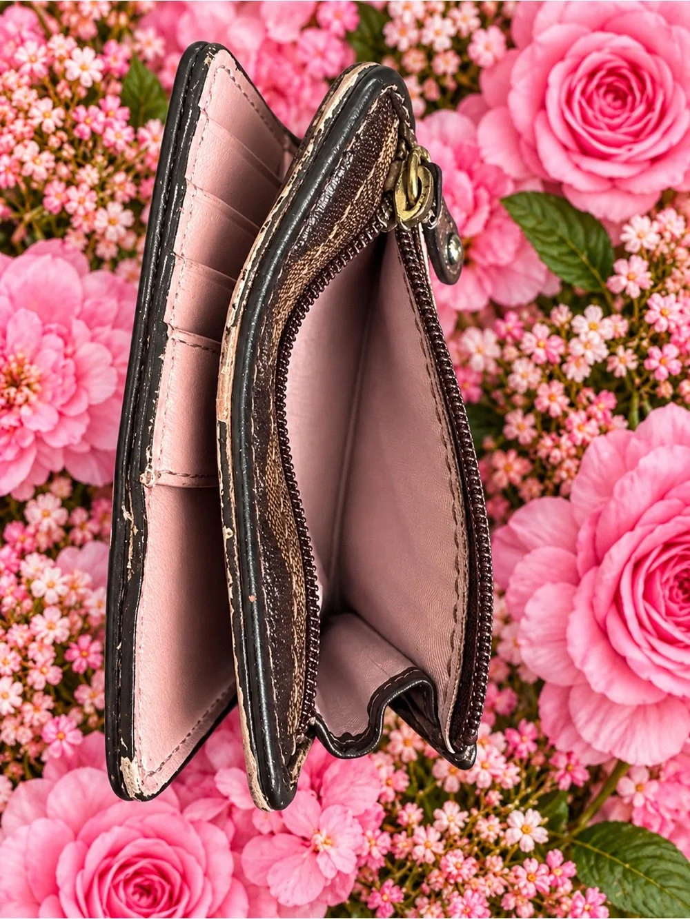 Coach Brown Signature C Pleated Compact Wallet